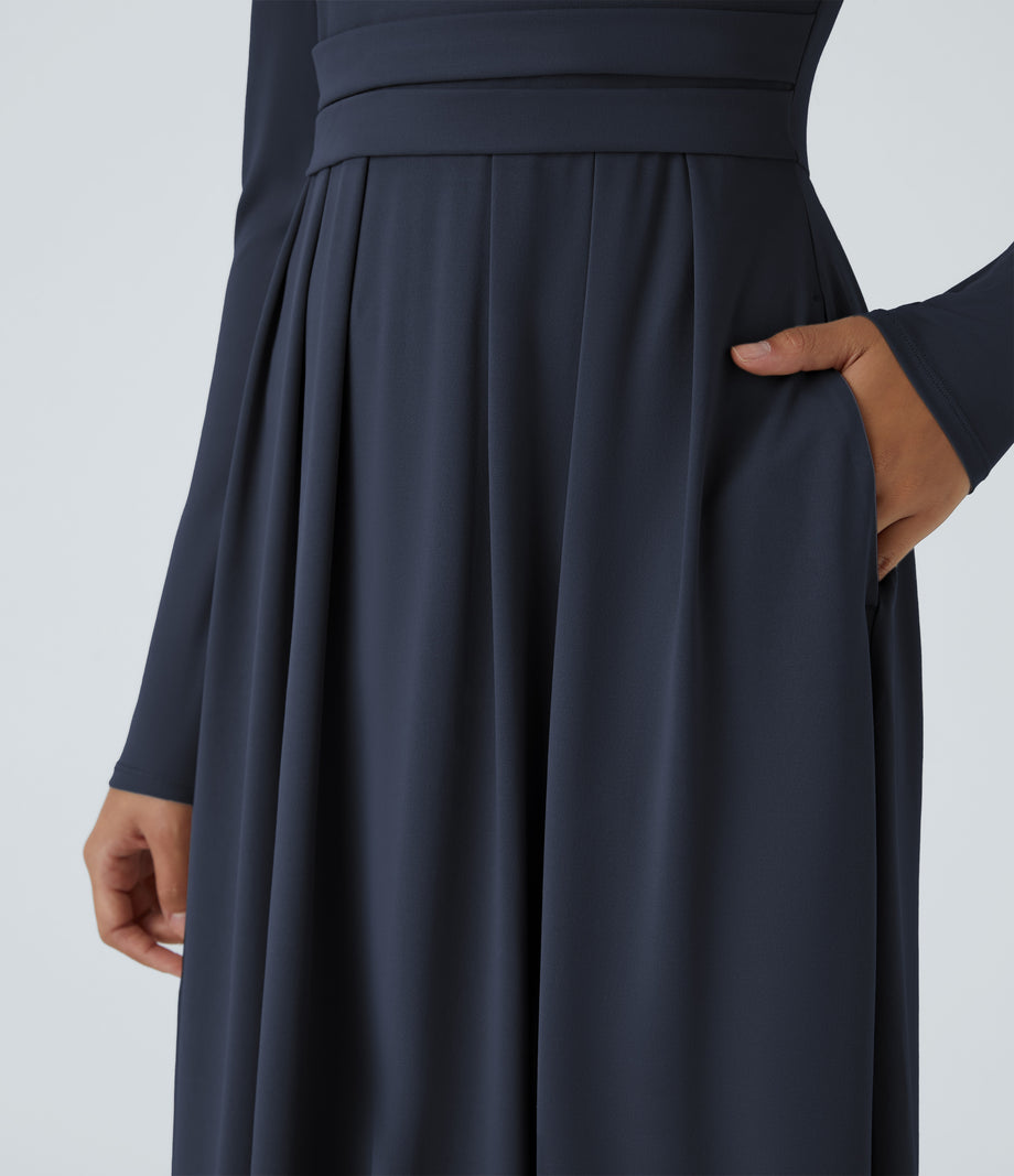 Mock-neck Long Sleeve Pocket Flare Maxi Casual Dress - Dark Sapphire