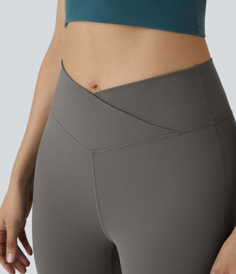 DayStretch High Waisted Crossover Flare Yoga Leggings - Deep Red Grey