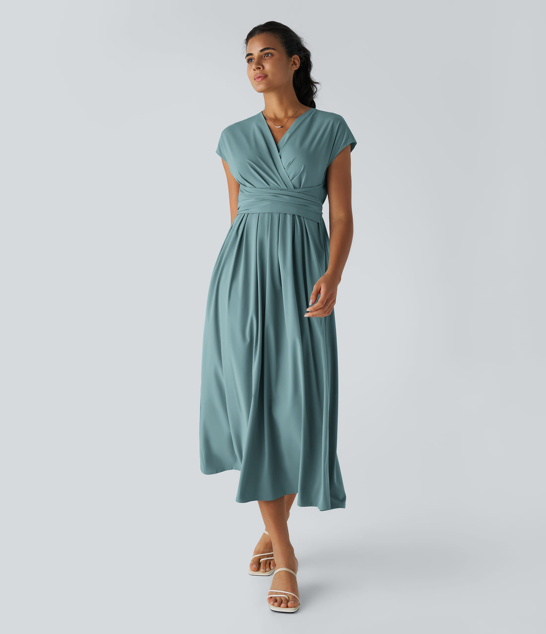 Breezeful™ V Neck Short Sleeve Pocket Tie Back Quick Dry Midi Casual Dress-Longer Length - Stone Blue
