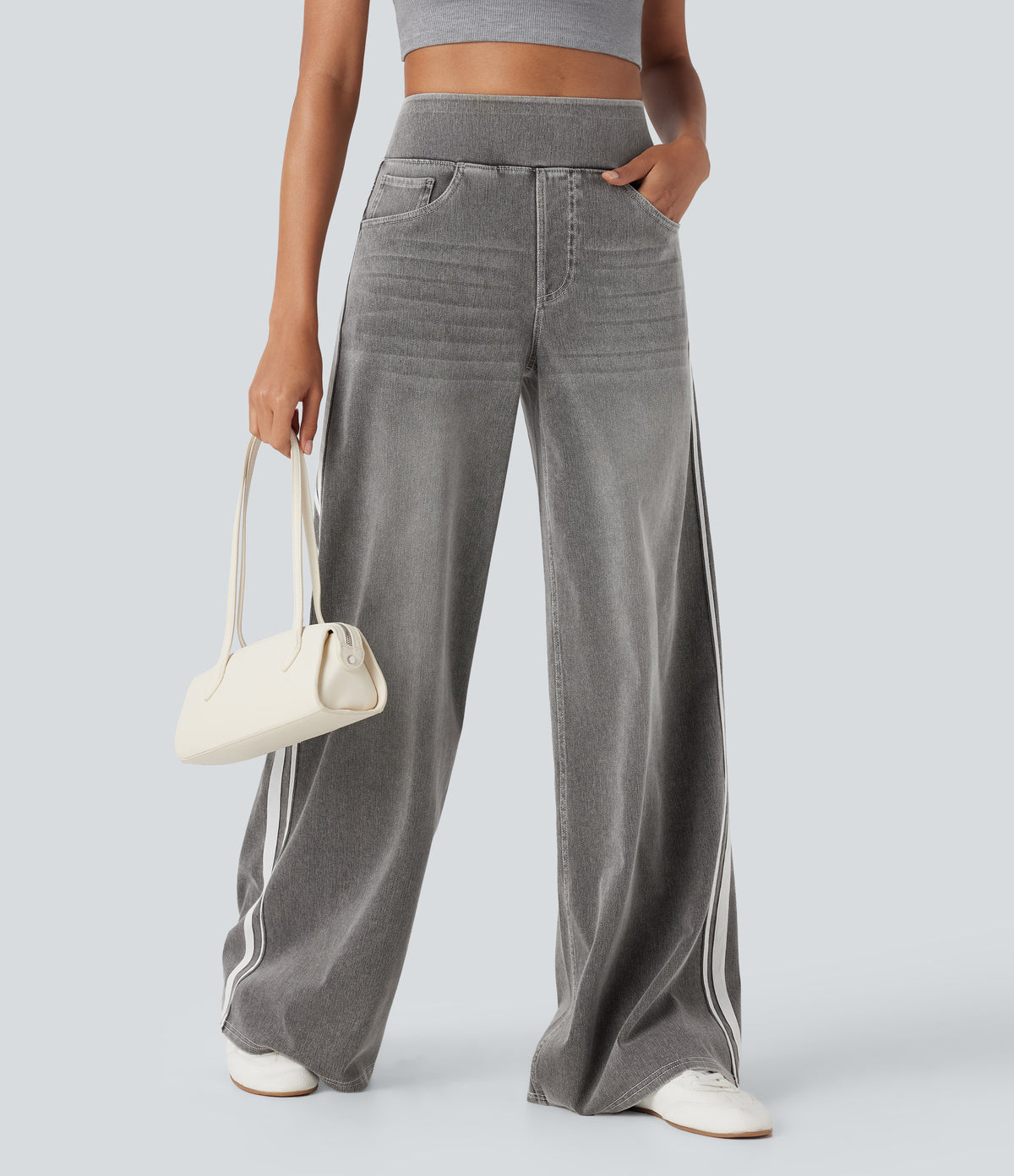 Halara Flex™ High Waisted Stripe Wide Leg Flowy Washed Casual Jeans with Pockets - Cool Gray Denim