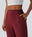 High Waisted Zipper Pocket Cropped Linen-Feel Pants - Biking Red