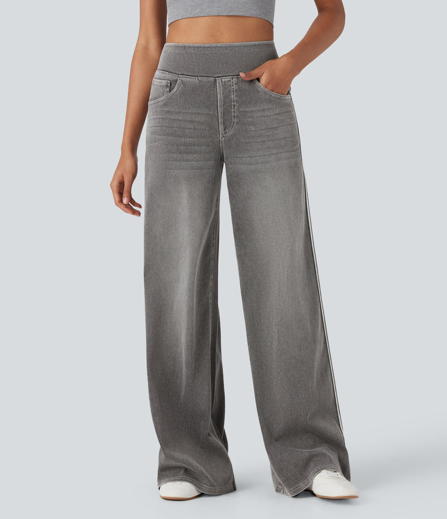 Halara Flex™ High Waisted Stripe Wide Leg Flowy Washed Casual Jeans with Pockets - Cool Gray Denim