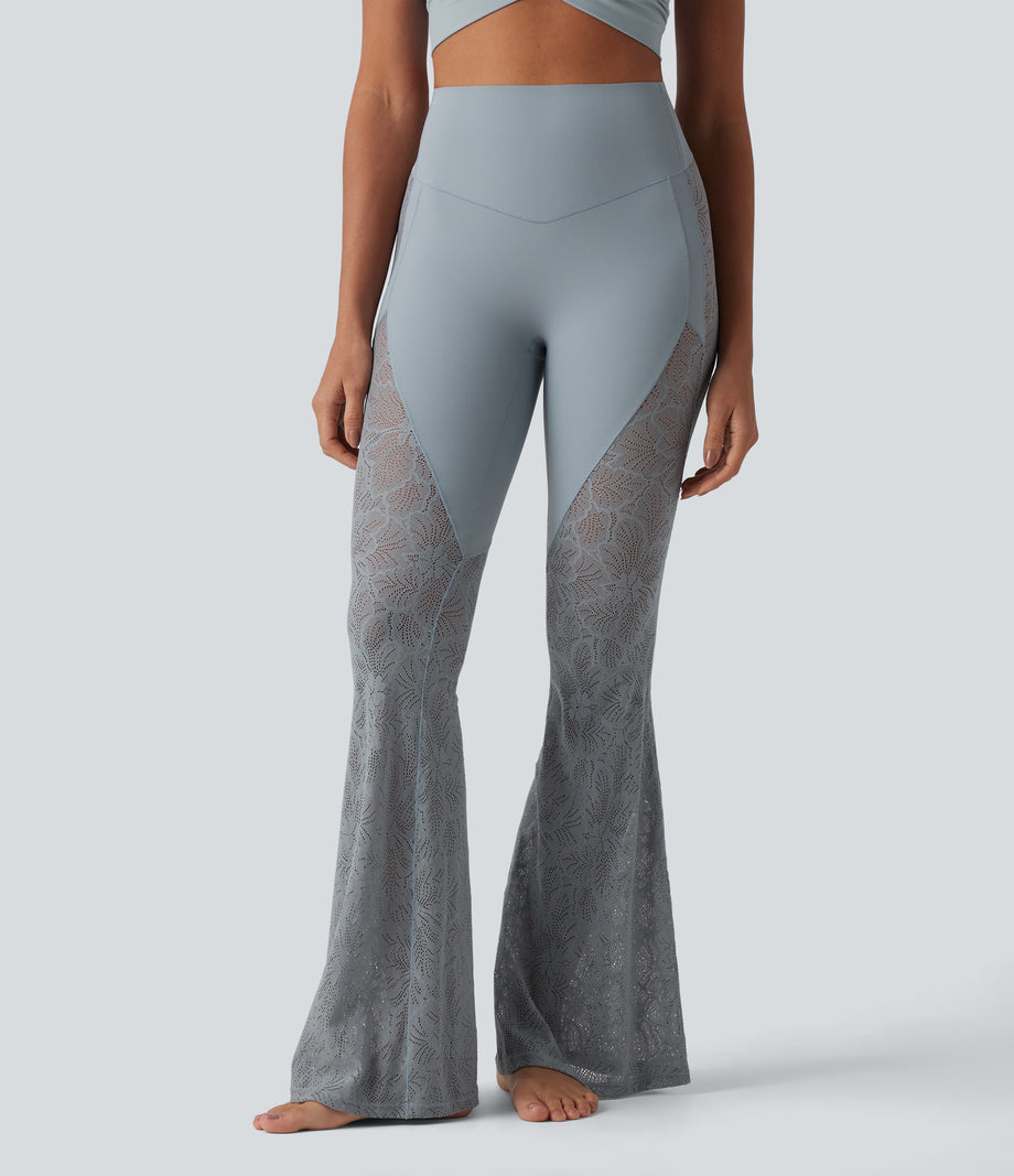Halara UltraSculpt™ High Waisted Tummy Control Contrast Lace Yoga Flare Leggings with Pocket - Blue Flower Gray