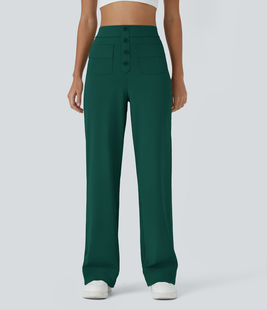 DayStretch High Waisted Pockets Straight Leg Casual Pants - Rain Forest