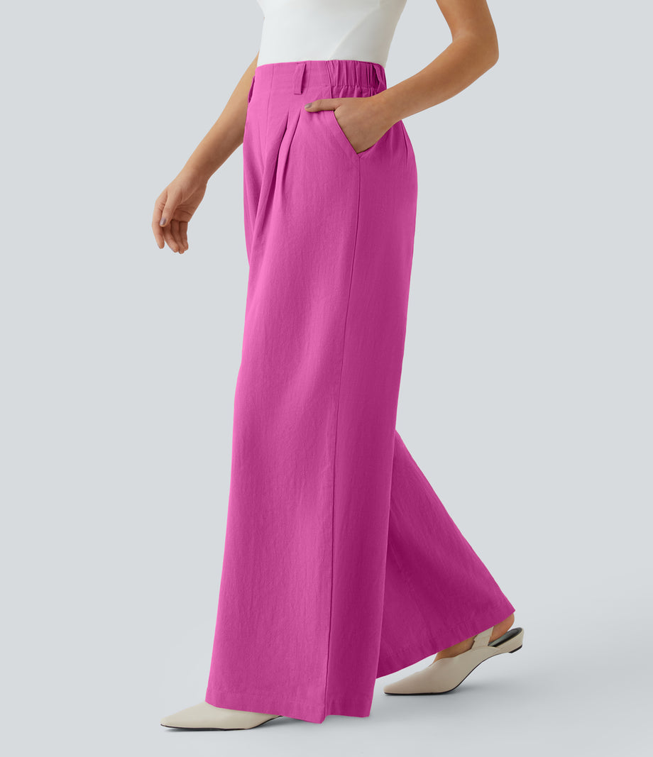 High Waisted Pocket Wide Leg Flowy Solid Palazzo Casual Linen-Feel Pants - Rose Violet