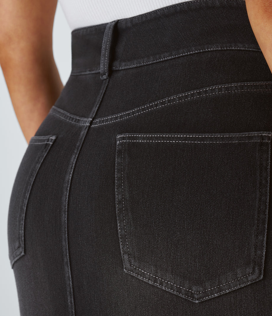 Halara Flex™ High Waisted Pockets Bodycon Washed Denim Casual Midi Skirt - Carbon Paint Denim