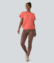 Round Neck Short Sleeve Ruched Cool Touch Yoga Sports Top-UPF50+ - Fusion Coral