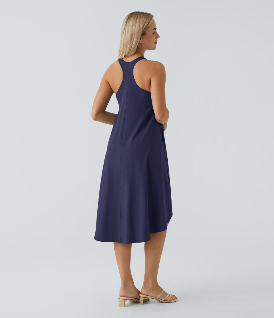 Breezeful™ Backless Racerback Side Pocket High Low Flowy Midi Quick Dry Casual Dress - Patriot Blue