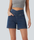 Halara Flex™ Crossover High Waisted Pockets Wide Leg A Line Washed Denim Casual Shorts - Estate Blue Denim