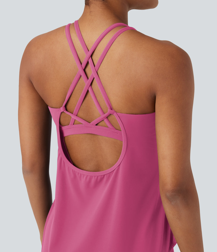 Halara UltraSculpt™ Round Neck Crisscross Back Running Tank Tops DD-F Cups - Pink Power