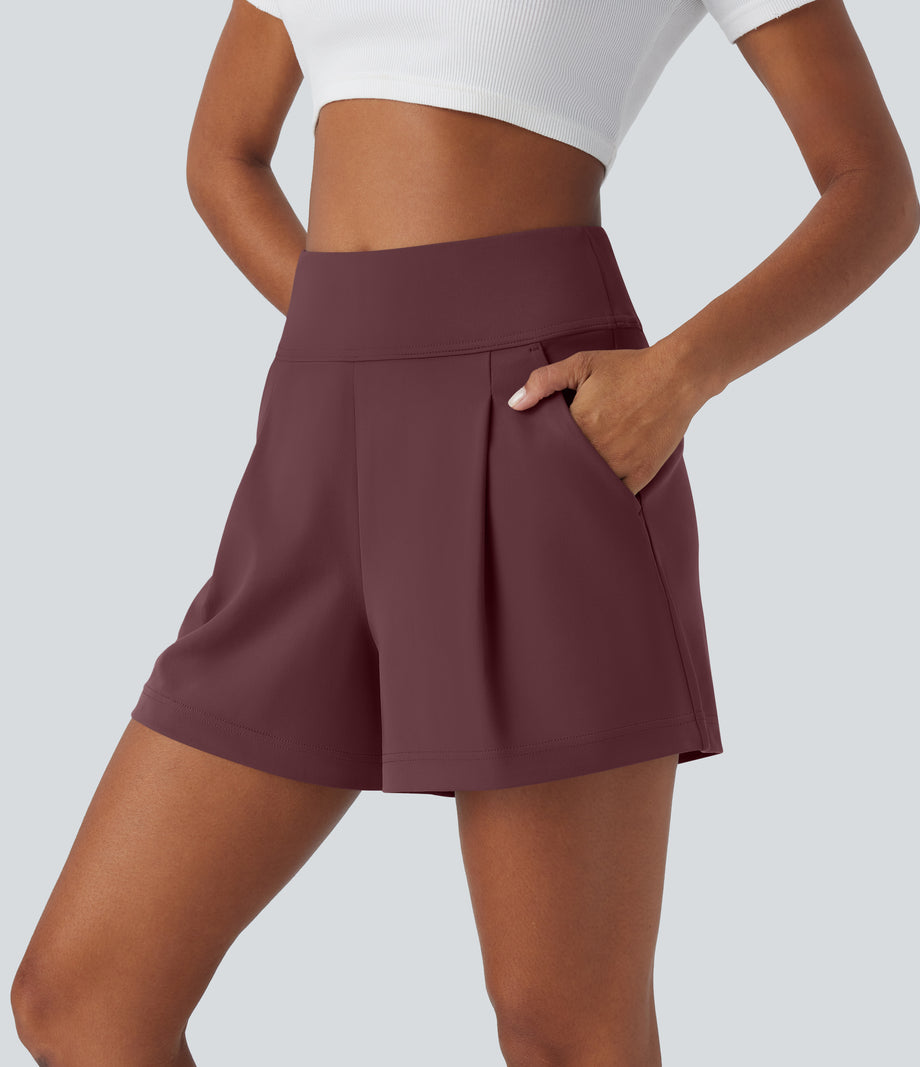 DayStretch High Waisted Work Baggy Shorts 4'' with Pockets - Red Mahogany