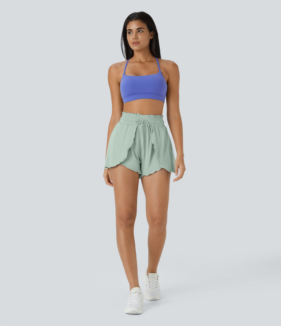 Frill High Waisted Elastic Waistband Drawstring Flowy Stacked Casual Shorts 3" - Green Lily