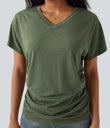 V-neck Short Sleeve Ruched Relaxed Casual Top - Light Green Floral Yarn
