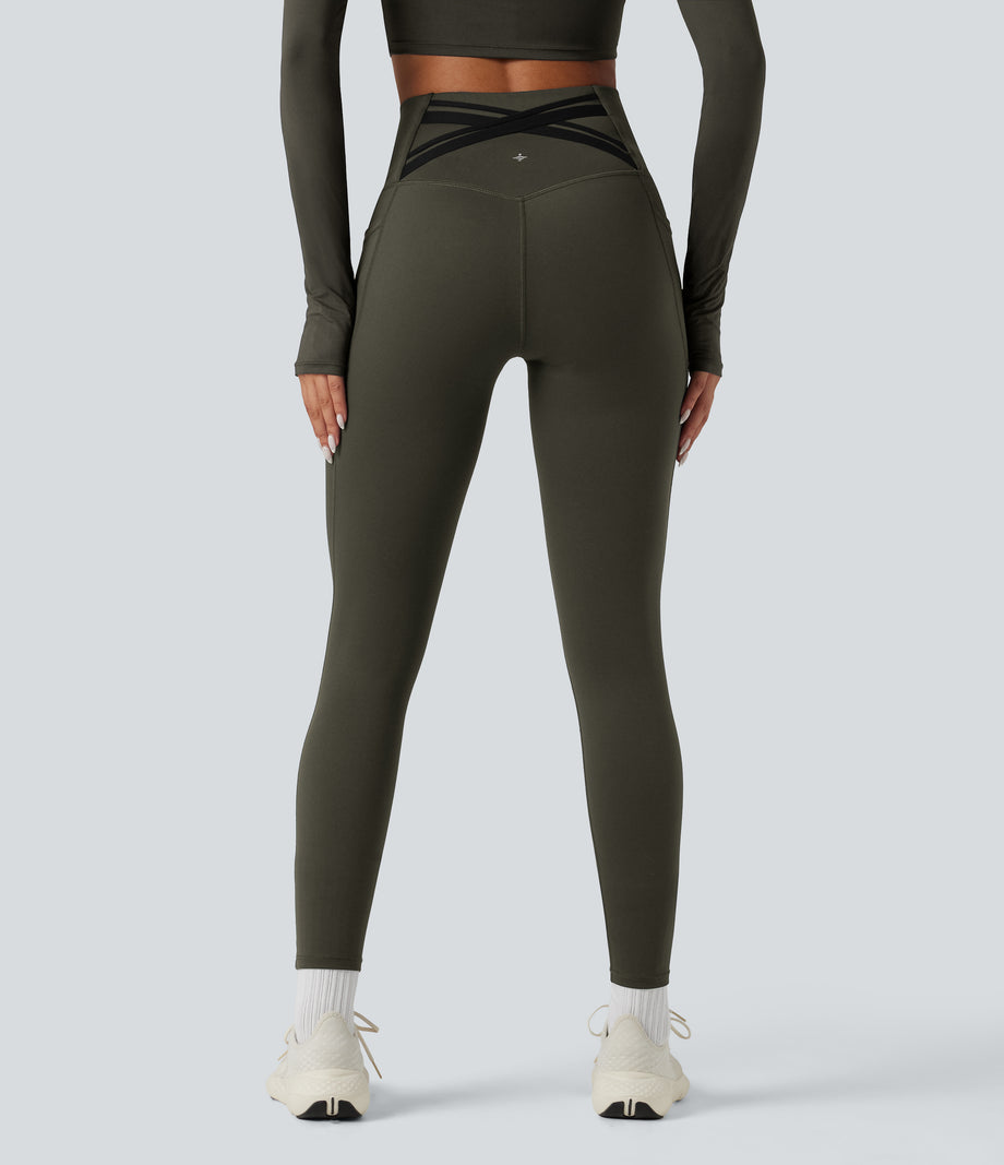 Halara Ultrasculpt™ Heat High Waisted Tummy Control Crossover Back Fleece Running Leggings with Pockets - Forest Night