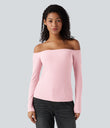 Ribbed Knit Off Shoulder Long Sleeve 2-in-1 Casual Top - Rose Haze Pink