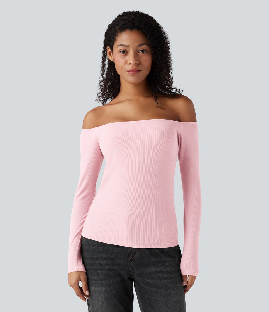 Ribbed Knit Off Shoulder Long Sleeve 2-in-1 Casual Top - Rose Haze Pink