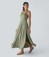 U Neck Flowy Maxi Casual Tank Dress - Light Green Floral Yarn