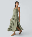 U Neck Flowy Maxi Casual Tank Dress - Light Green Floral Yarn