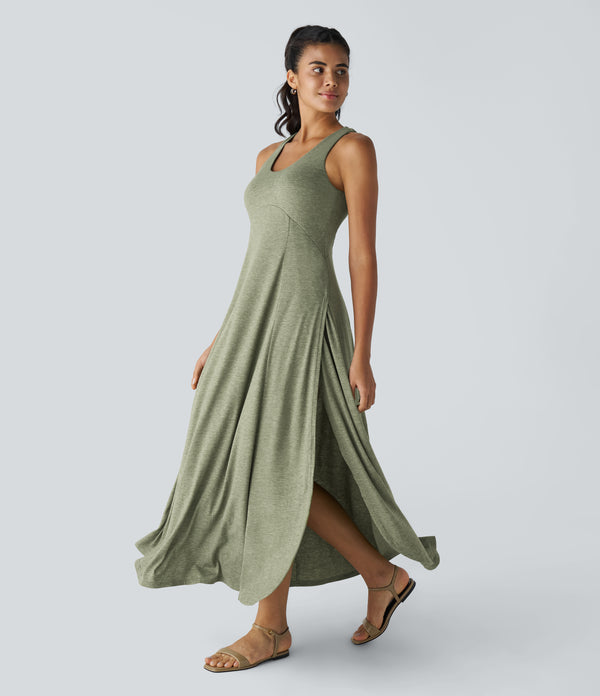 U Neck Flowy Maxi Casual Tank Dress - Light Green Floral Yarn