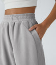 High Waisted Pocket Straight Leg Baggy Mop Corduroy Casual Pants - Glacier Gray