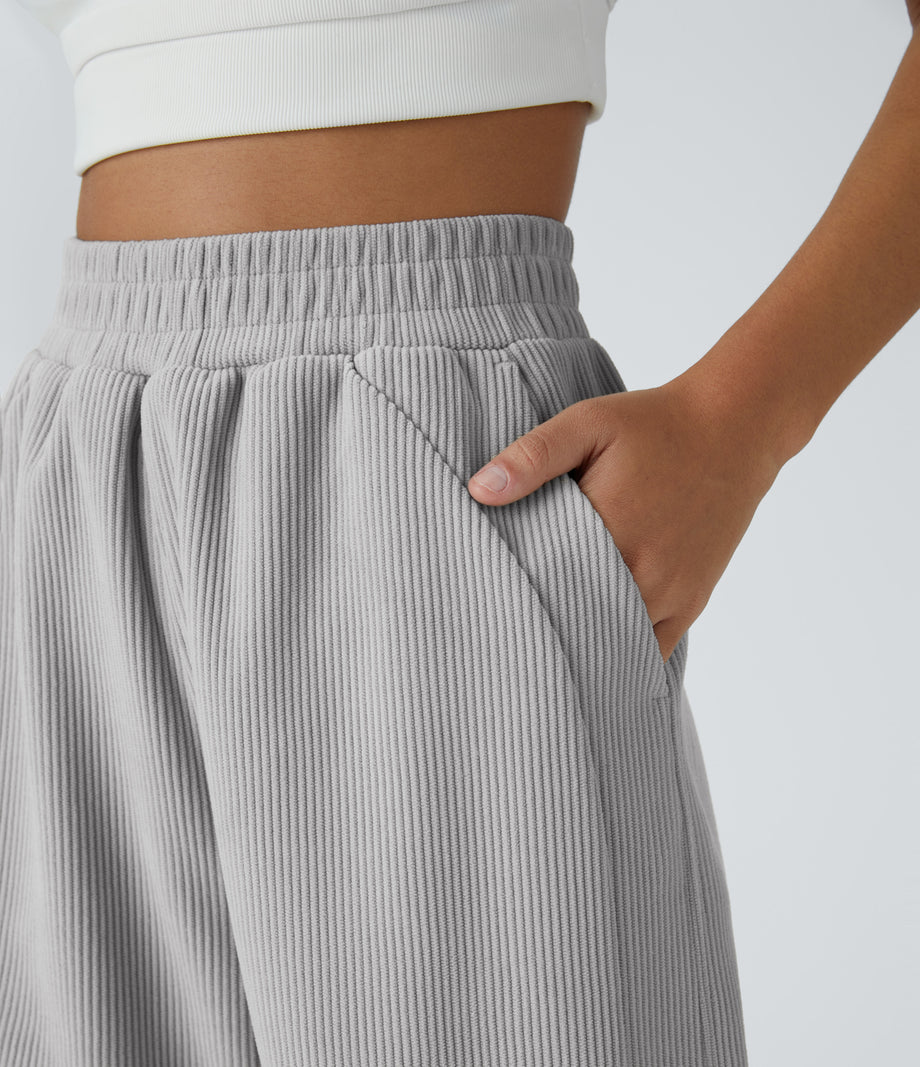 High Waisted Pocket Straight Leg Baggy Mop Corduroy Casual Pants - Glacier Gray