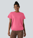 Round Neck Short Sleeve Ruched Cool Touch Yoga Sports Top-UPF50+ - Pink Lemonade