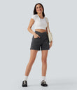 Halara Flex™ Crossover High Waisted Pockets Wide Leg A Line Washed Denim Casual Shorts - Iron Gate Denim