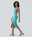 Ruched Lace Up Bodycon Midi Casual Dress - Loka Blue