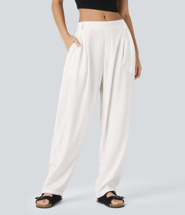 Mid Rise Pocket Barrel Leg Baggy Work Pants - White