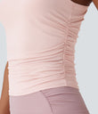 Round Neck Racerback Ruched Yoga Tank Top - Veiled Pink