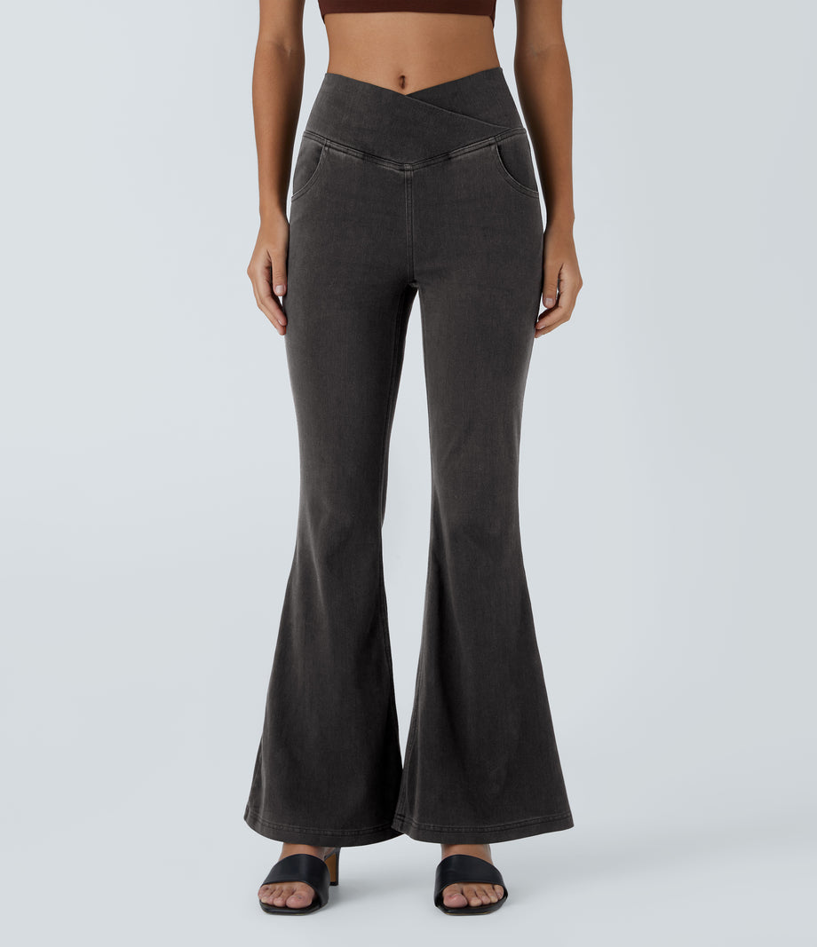 Halara Flex™ High Waisted Crossover Pocket Washed Casual Jeans - Hemp Rope Black Denim