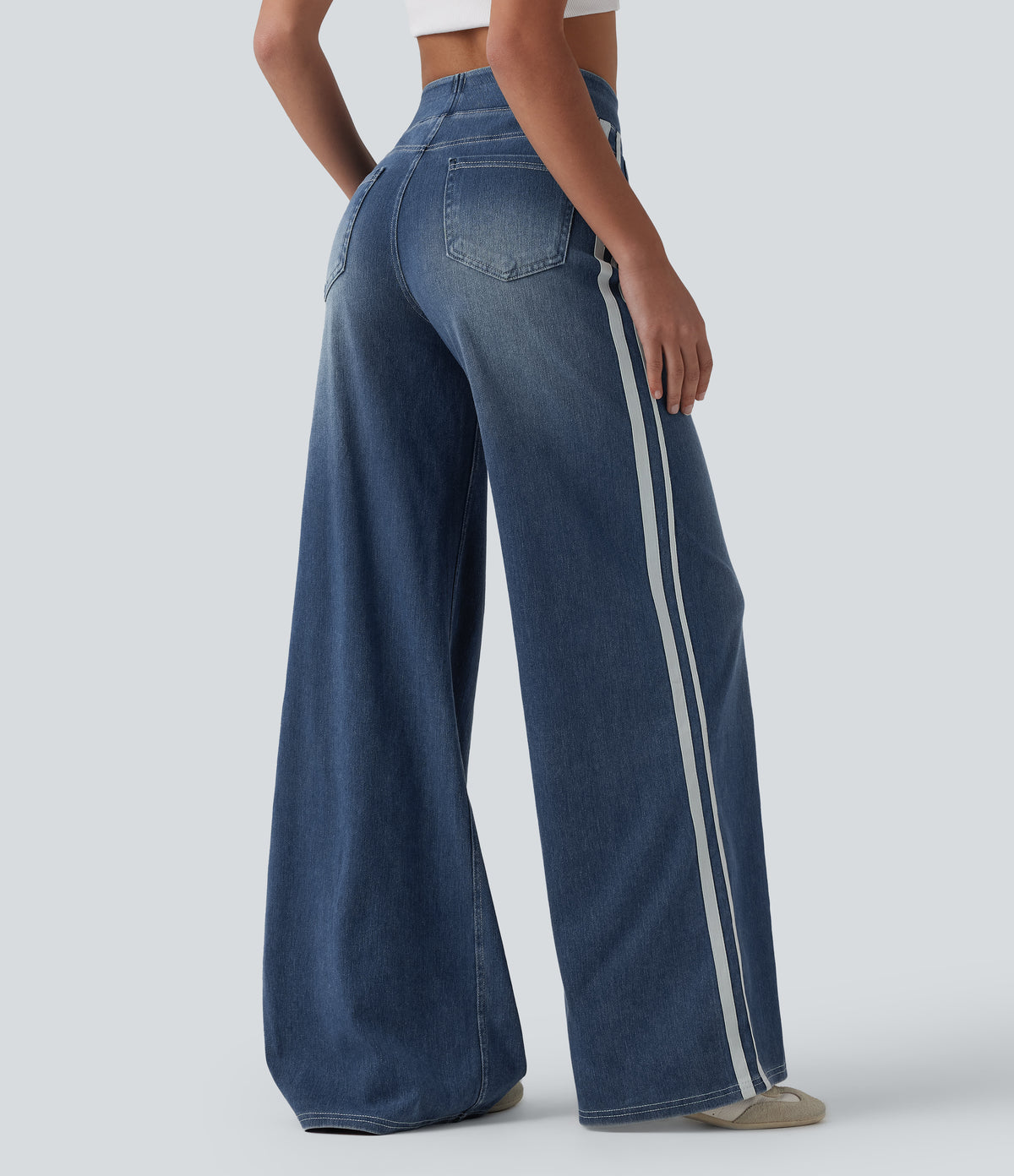 Halara Flex™ High Waisted Stripe Wide Leg Flowy Washed Casual Jeans with Pockets - Tide Blue Denim