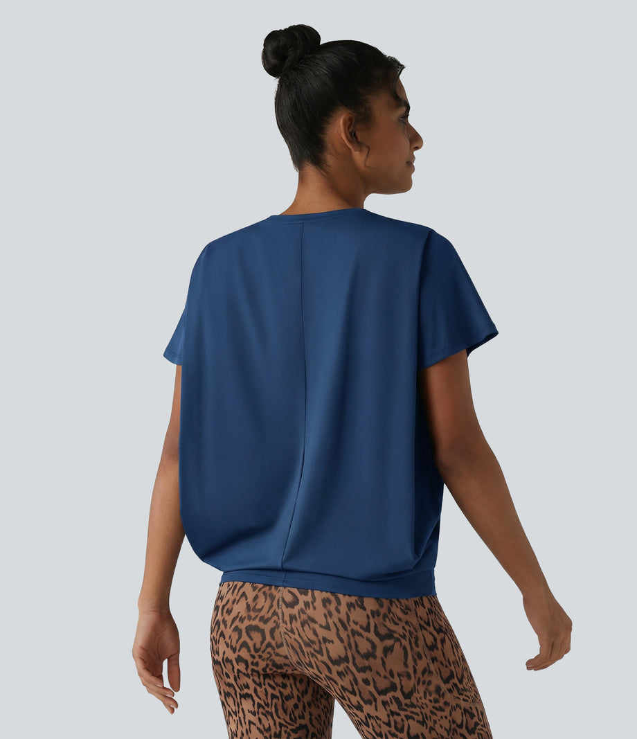 Round Neck Short Sleeve Ruched Cool Touch Yoga Sports Top-UPF50+ - Majolica Blue