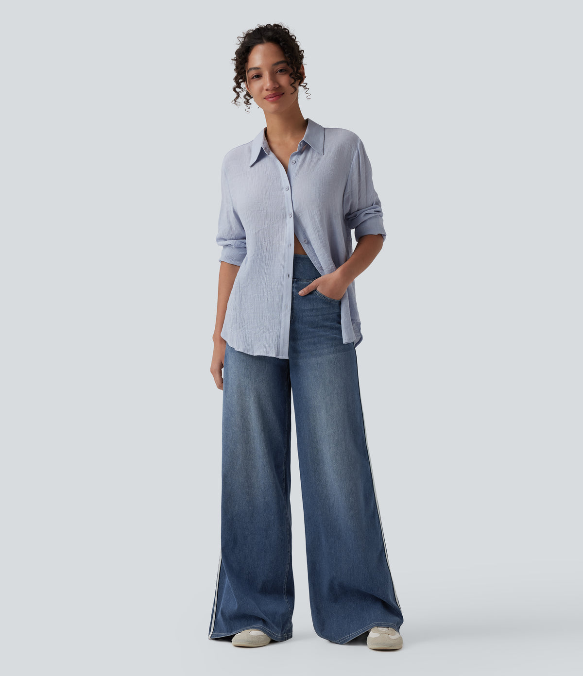 Halara Flex™ High Waisted Stripe Wide Leg Flowy Washed Casual Jeans with Pockets - Tide Blue Denim