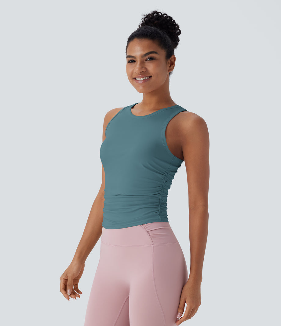 Round Neck Racerback Ruched Yoga Tank Top - Brittany Blue