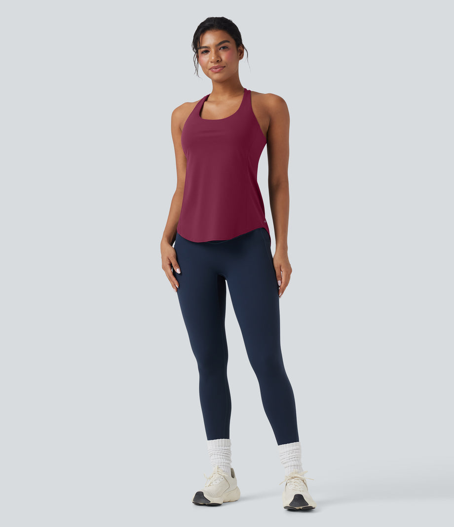 Halara UltraSculpt™ Round Neck Crisscross Back Running Tank Tops DD-F Cups - Red Plum