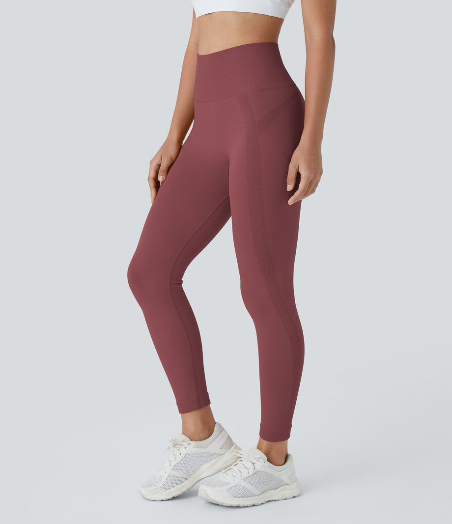 OneForm Seamless Flow High Waisted Ruched 7/8 Yoga Leggings - Apple Butter