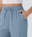 High Waisted Drawstring Pocket Wide Leg Baggy Casual Linen-Feel Pants - Mountain Spring