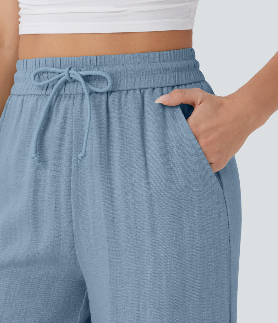 High Waisted Drawstring Pocket Wide Leg Baggy Casual Linen-Feel Pants - Mountain Spring