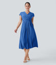 Breezeful™ V Neck Short Sleeve Pocket Tie Back Quick Dry Midi Casual Dress - Nebulas Blue