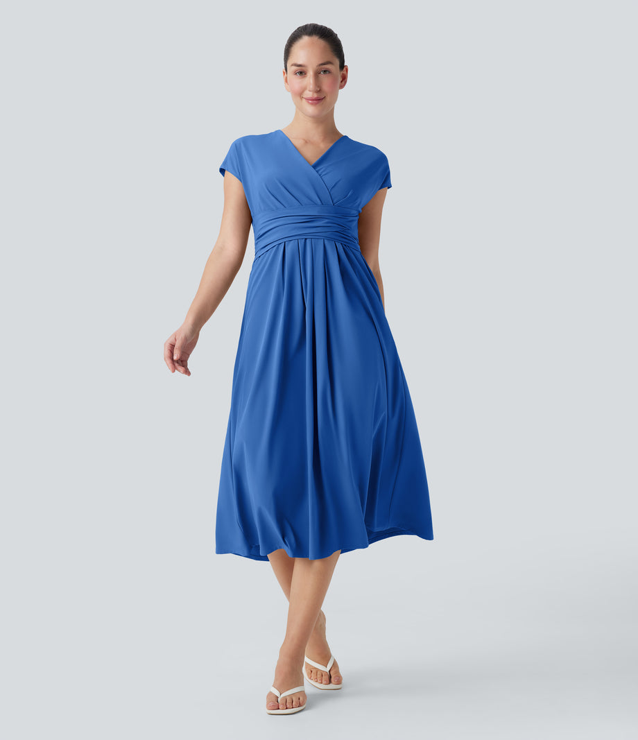 Breezeful™ V Neck Short Sleeve Pocket Tie Back Quick Dry Midi Casual Dress - Nebulas Blue