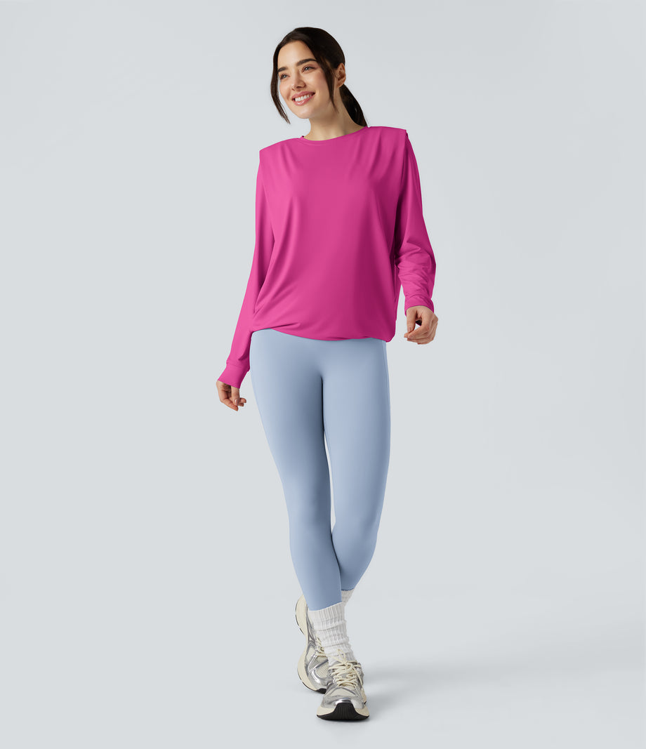 Round Neck Long Sleeve Ruched Yoga Sports Top-UPF50+ - Fuchsia Fedora