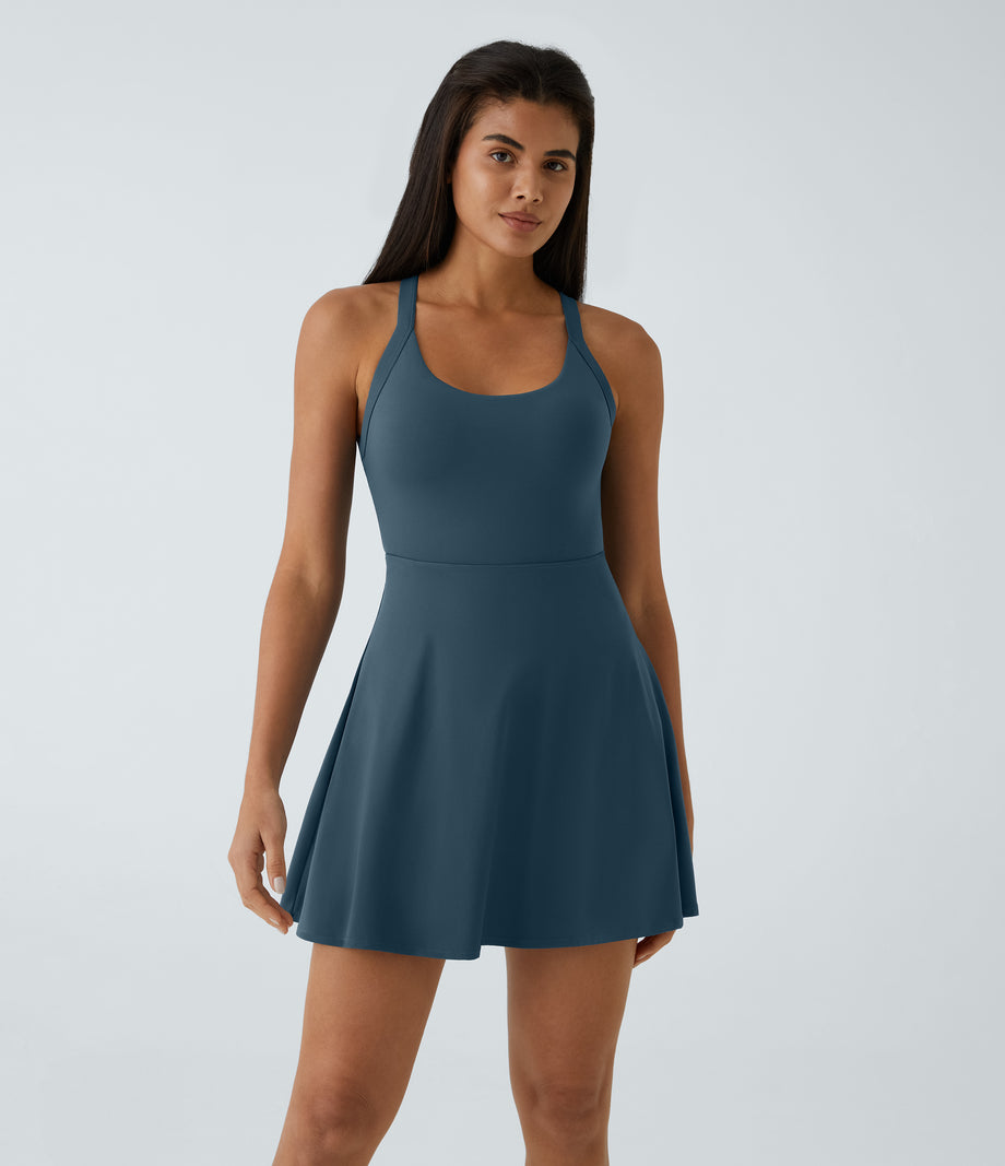 SoftlyZero™ Airy Backless Twisted Flare Low Support Dance Active Dress-Longer Length-Easy Peezy Edition A-D Cups - Majolica Blue