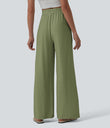 High Waisted Drawstring Wide Leg Casual Linen-Blend Pants with Pockets - Iguana
