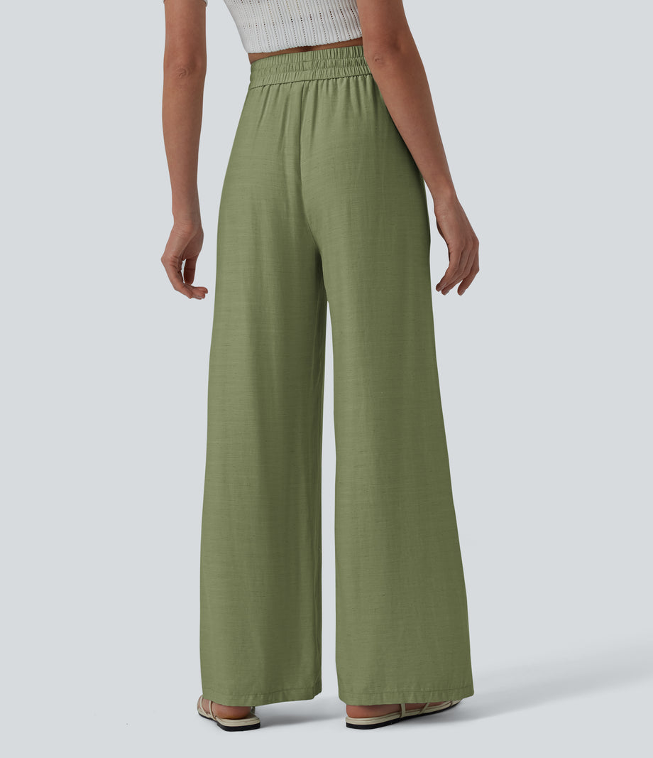 High Waisted Drawstring Wide Leg Casual Linen-Blend Pants with Pockets - Iguana