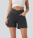 Halara Flex™ Crossover High Waisted Pockets Wide Leg A Line Washed Denim Casual Shorts - Iron Gate Denim