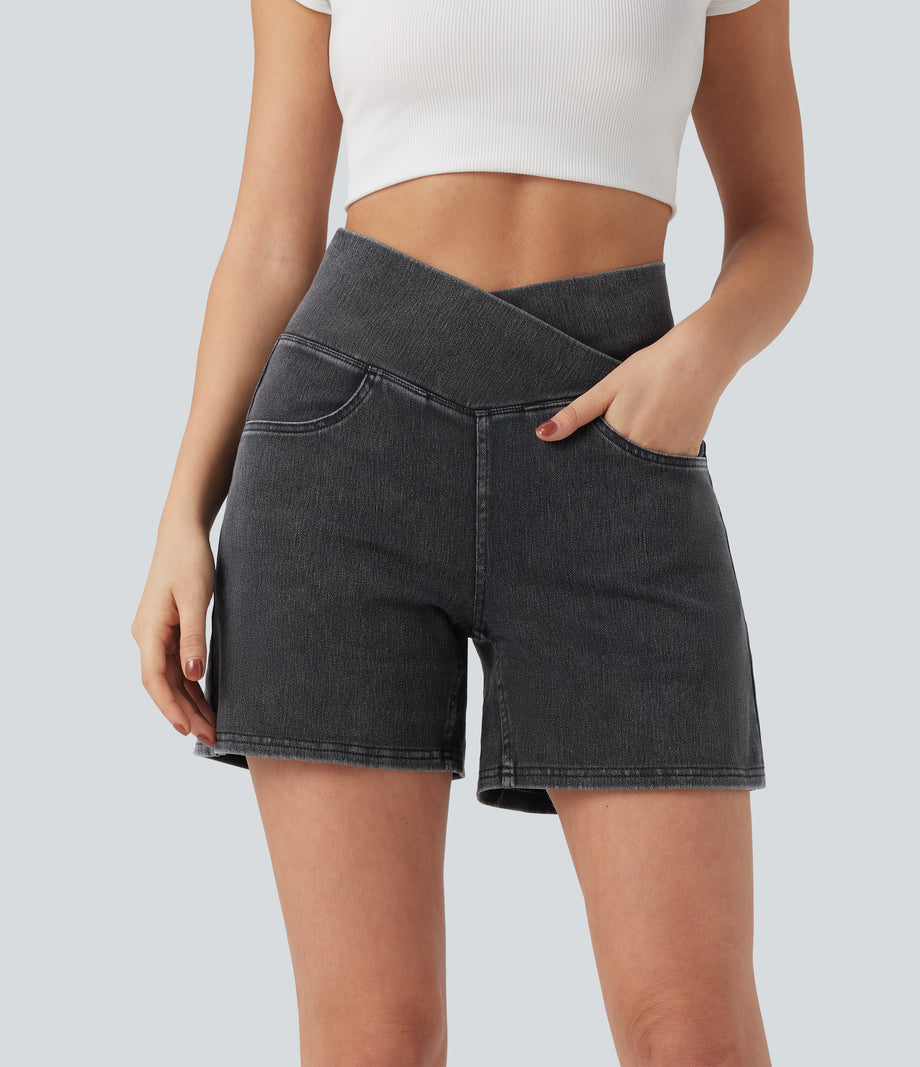 Halara Flex™ Crossover High Waisted Pockets Wide Leg A Line Washed Denim Casual Shorts - Iron Gate Denim