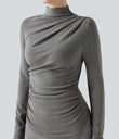Mock-neck Long Sleeve Ruched Asymmetric Hem Thermal Casual Top - Mottled Cloud Grey