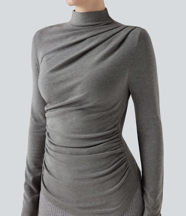 Mock-neck Long Sleeve Ruched Asymmetric Hem Thermal Casual Top - Mottled Cloud Grey
