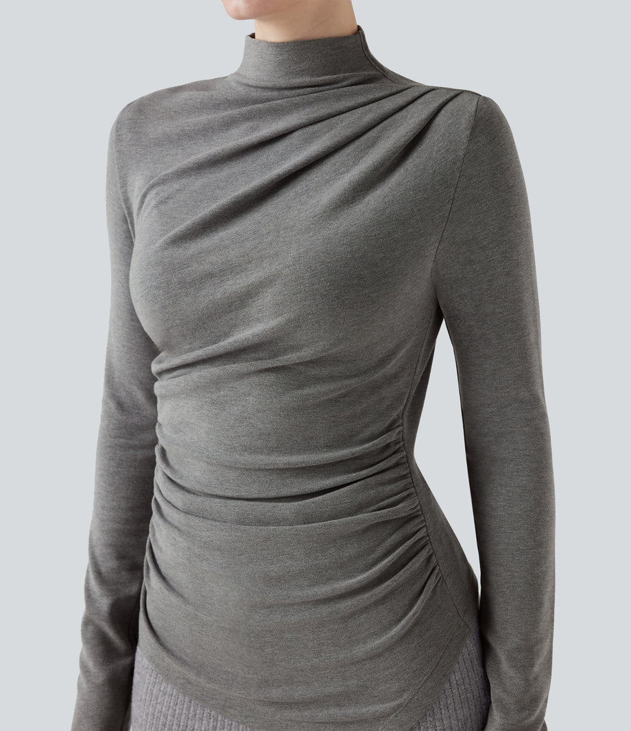 Mock-neck Long Sleeve Ruched Asymmetric Hem Thermal Casual Top - Mottled Cloud Grey